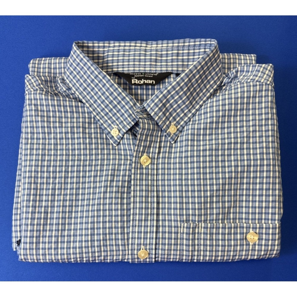 Rohan Insect Shield Long Sleeve Button Down Shirt Size Medium Checkered Blue
